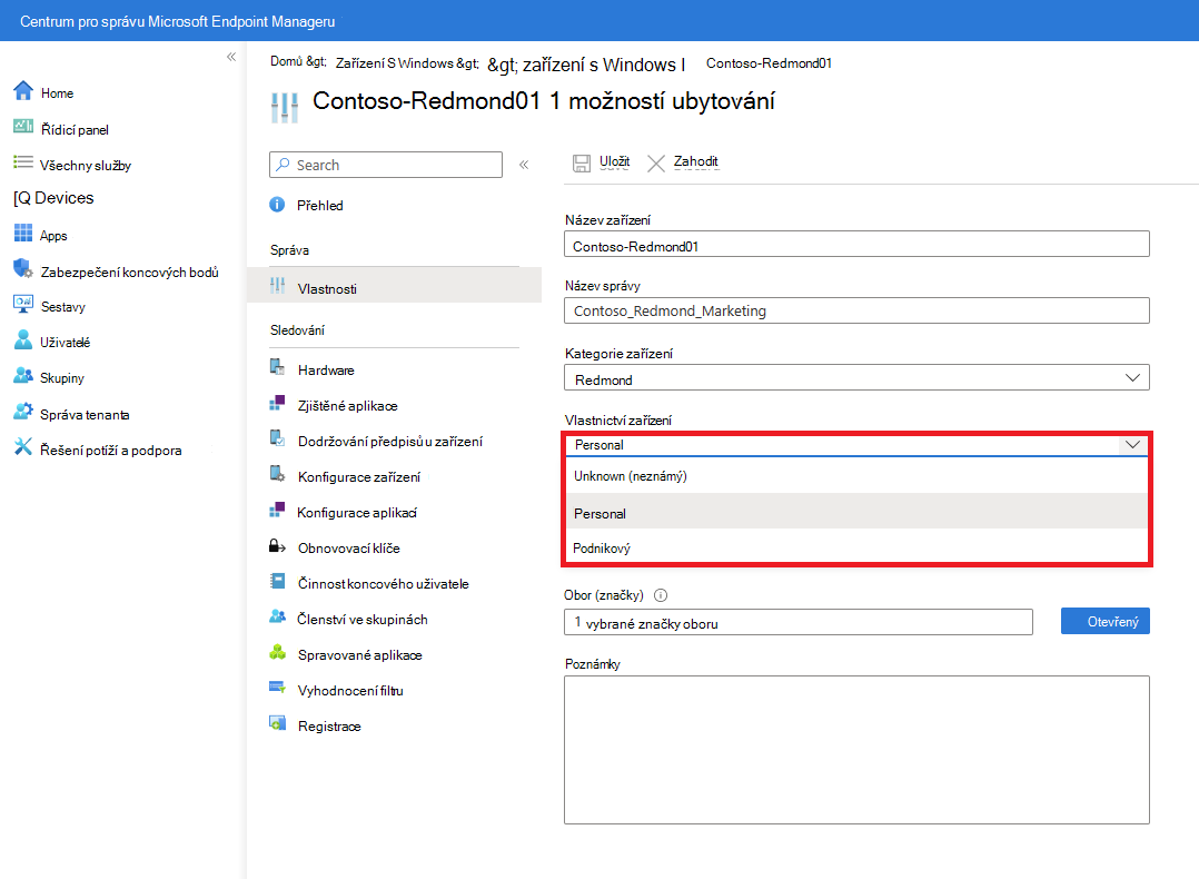 Snímek obrazovky s vlastnostmi spravovaného zařízení s možnostmi Kategorie zařízení a Vlastnictví zařízení