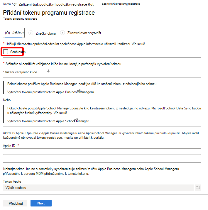 Snímek obrazovky znázorňující obrazovku Přidat token programu registrace