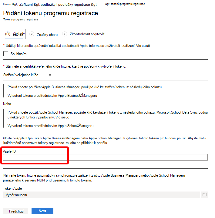 Snímek obrazovky se zvýrazněním pole Apple ID v podokně Přidat token programu registrace 