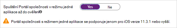 Snímek obrazovky znázorňující možnost Spustit Portál společnosti v režimu jedné aplikace