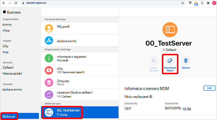 Snímek obrazovky, který ukazuje, jak obnovit a stáhnout token Apple v Apple Business Manageru