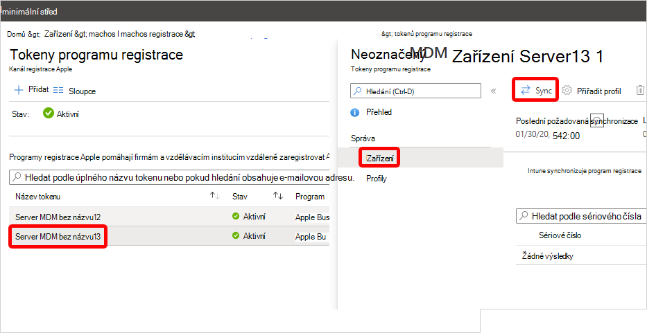 Snímek obrazovky s oblastí tokenu programu registrace v Centru pro správu se zvýrazněním ukázkového tokenu, odkazu Zařízení a tlačítka Synchronizovat