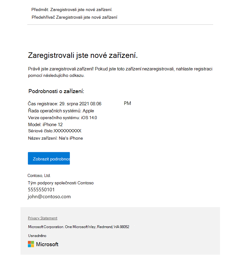 Příklad oznámení o registraci nakonfigurovaného v Intune, které příjemce informuje o registraci zařízení s názvem *Nia's iPhone