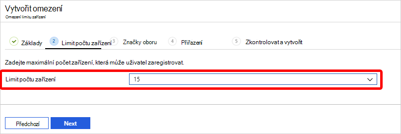 Snímek obrazovky, který ukazuje, jak zvolit limit zařízení