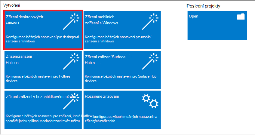 Snímek obrazovky s výběrem možnosti Zřídit desktopová zařízení v aplikaci Windows Configuration Designer