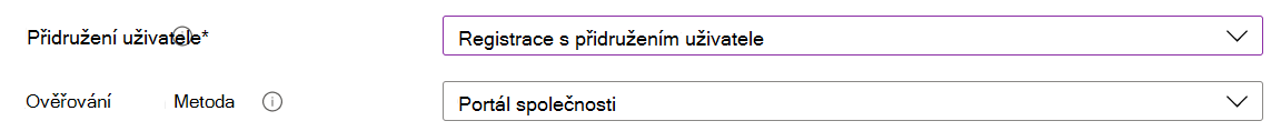 V Centru pro správu Intune a Microsoft Intune zaregistrujte zařízení s iOS/iPadOS pomocí automatizované registrace zařízení (ADE). Vyberte Zaregistrovat s přidružením uživatele a k ověřování použijte aplikaci Portál společnosti.