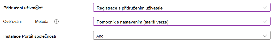 V Centru pro správu Intune a Microsoft Intune zaregistrujte zařízení s iOS/iPadOS pomocí automatizované registrace zařízení (ADE). Vyberte Zaregistrovat s přidružením uživatele, k ověření použijte Pomocníka s nastavením a nainstalujte aplikaci Portál společnosti.