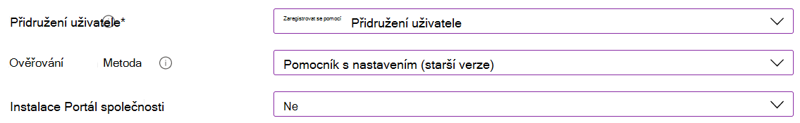 V Centru pro správu Intune a Microsoft Intune zaregistrujte zařízení s iOS/iPadOS pomocí automatizované registrace zařízení (ADE). Vyberte Zaregistrovat s přidružením uživatele, k ověřování použijte Pomocníka s nastavením a neinstalujte aplikaci Portál společnosti.