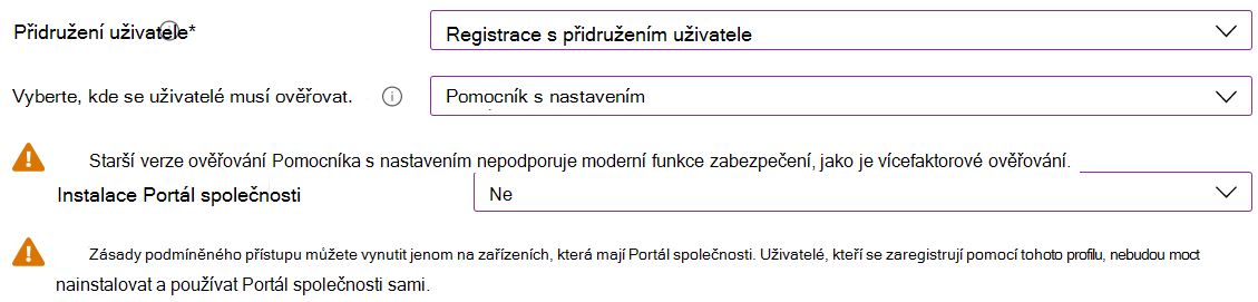 V Centru pro správu Intune a Microsoft Intune zaregistrujte zařízení s iOS/iPadOS pomocí Apple Configuratoru. Vyberte Zaregistrovat s přidružením uživatele, k ověřování použijte Pomocníka s nastavením a neinstalujte aplikaci Portál společnosti.