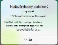 Snímek obrazovky se zprávou aplikace pro iOS o nedůvěryhodném podnikovém vývojáři