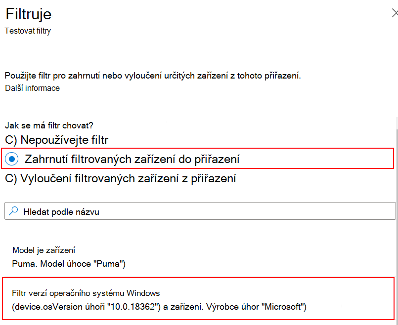 Snímek obrazovky, který ukazuje, jak zahrnout filtr při přiřazování zásad v Microsoft Intune