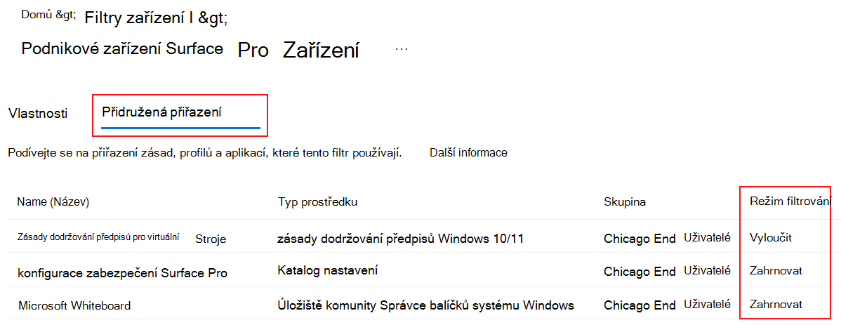 Snímek obrazovky zobrazující přidružené karty přiřazení pro existující filtr v Microsoft Intune