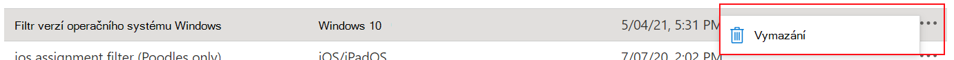Snímek obrazovky, který ukazuje, jak odstranit filtr v Microsoft Intune