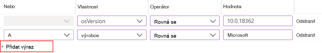 Snímek obrazovky, který ukazuje, jak použít tvůrce pravidel v Microsoft Intune k vytvoření filtru výrazů a přiřazení k zásadám