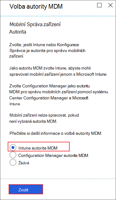 Obrázek okna Zvolte autoritu MDM