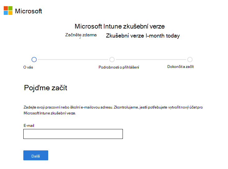 Snímek obrazovky se stránkou Microsoft Intune nastavení účtu – Zadání e-mailu