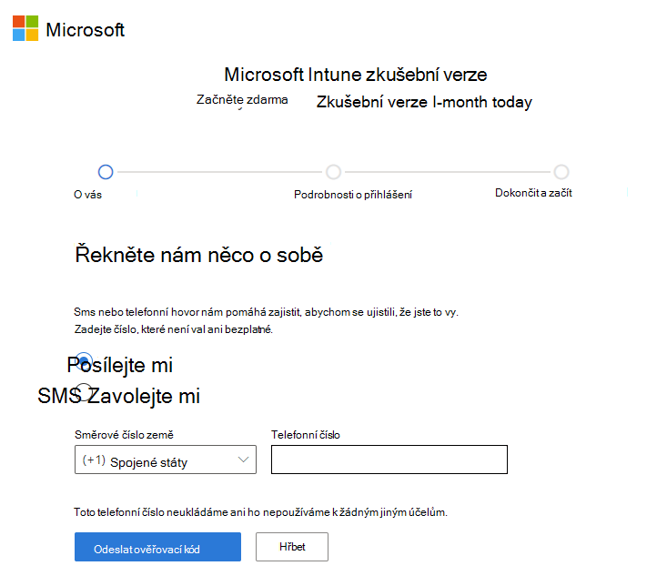 Snímek obrazovky se stránkou nastavení účtu Microsoft Intune – odeslání ověřovacího kódu