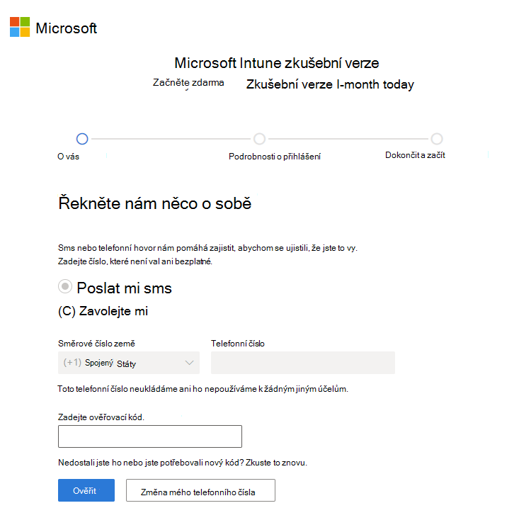 Snímek obrazovky se stránkou nastavení účtu Microsoft Intune – ověření kódu