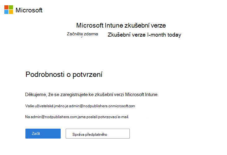 Snímek obrazovky se stránkou Microsoft Intune nastavení účtu – podrobnosti o potvrzení