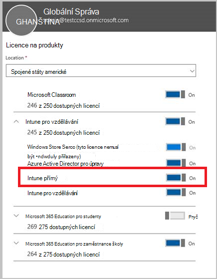 Snímek obrazovky s nastavením licence na produkt