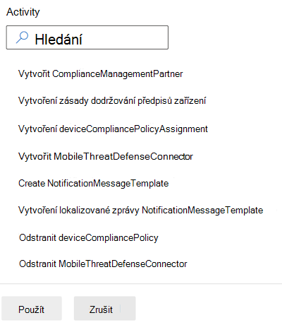 Filtrujte protokoly auditu podle kategorie dodržování předpisů a vyberte aktivitu v centru pro správu Microsoft Intune a Intune.