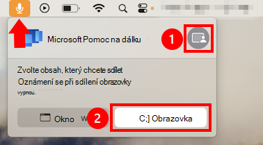 Snímek obrazovky s dialogovým oknem sdílení mikrofonu macOS, který umožňuje sdílení obrazovky pro Microsoft Pomoc na dálku