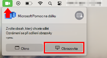 Snímek obrazovky s dialogovým oknem sdílení obrazovky macOS, které umožňuje sdílení obrazovky pro Microsoft Pomoc na dálku