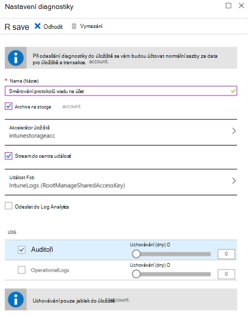 Snímek obrazovky, který ukazuje, jak odesílat protokoly auditu Microsoft Intune do účtu služby Azure Storage