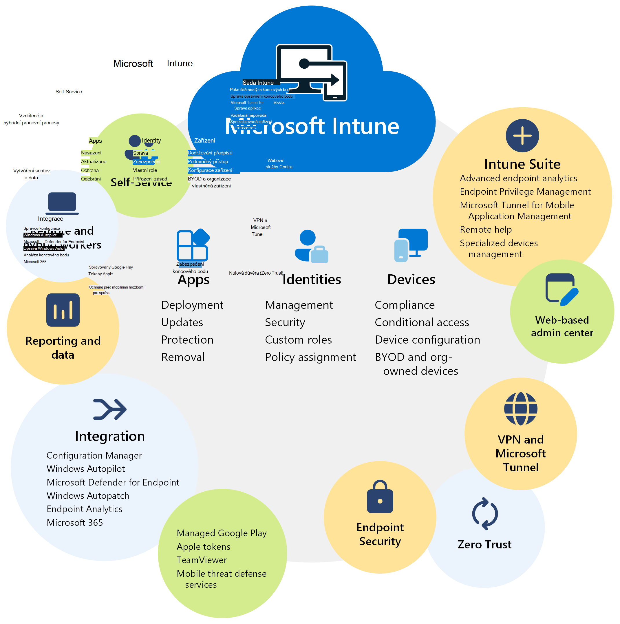 Diagram znázorňující funkce a výhody Microsoft Intune