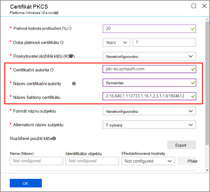 Výběry pro certifikační autoritu a šablonu certifikátu