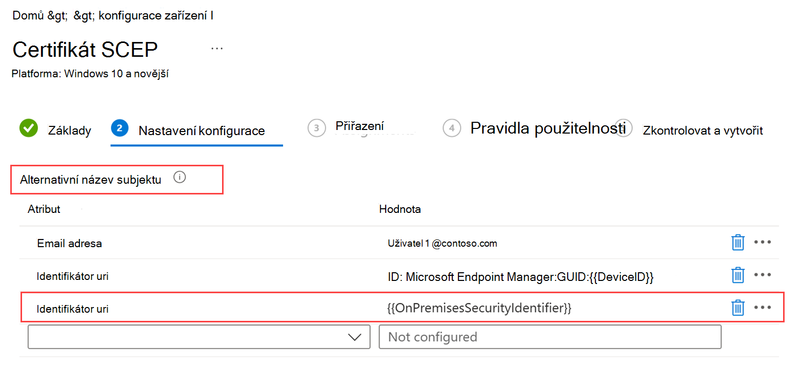 Snímek obrazovky s profilem certifikátu SCEP se zvýrazněnou částí Alternativní název subjektu a vyplněná pole URI a Hodnota