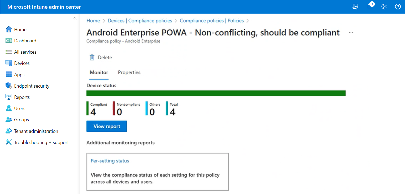 Zobrazení centra pro správu Intune po výběru zásady dodržování předpisů