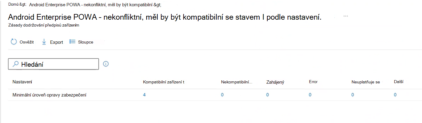 Snímek obrazovky zobrazující podrobnou zprávu o stavu nastavení po výběru tlačítka Zobrazit sestavu v Centru pro správu Intune.