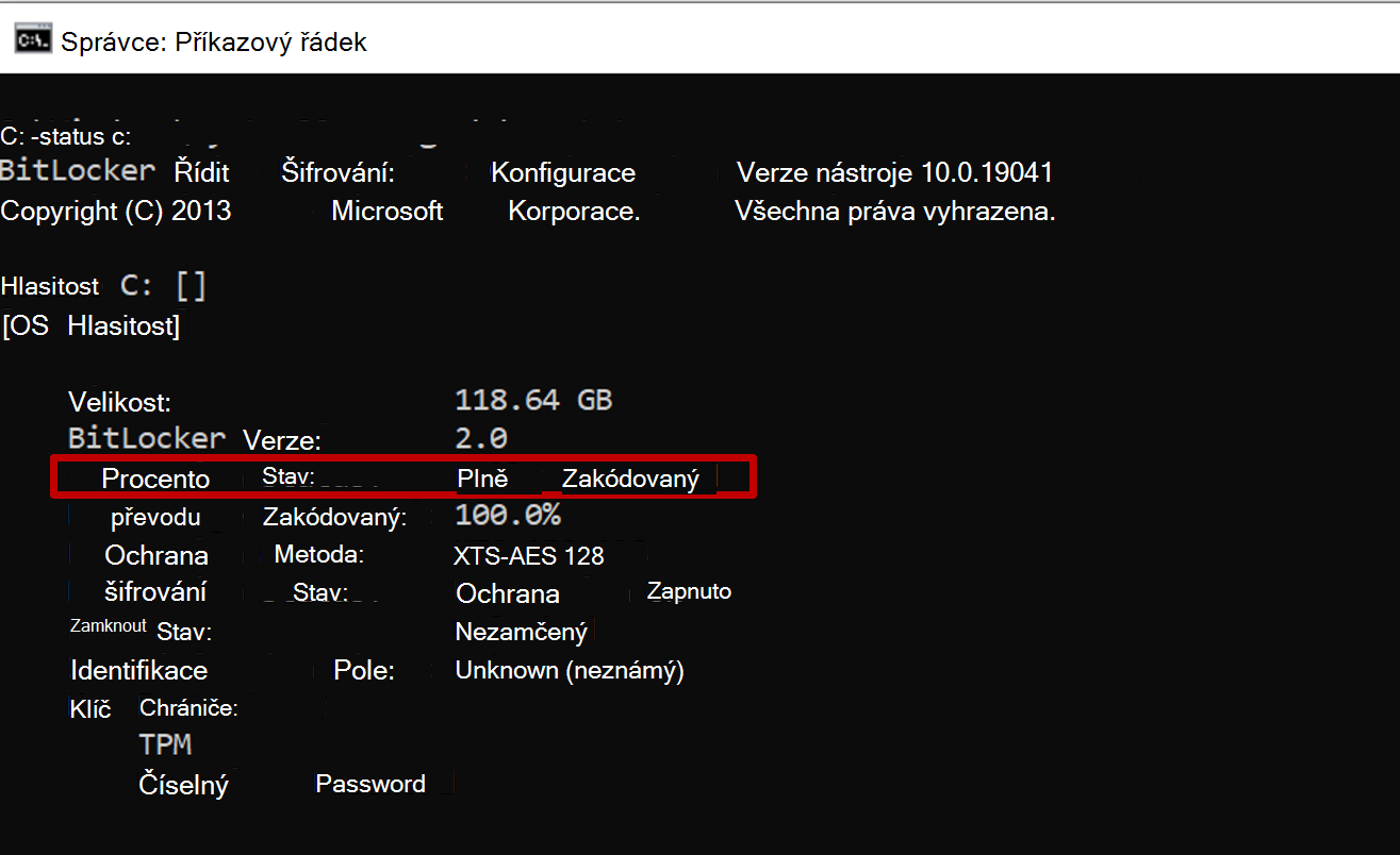 Snímek obrazovky s příkazovým řádkem pro správu zobrazující výstup příkazu manage-bde se stavem převodu, který odráží šifrování pouze využitého místa