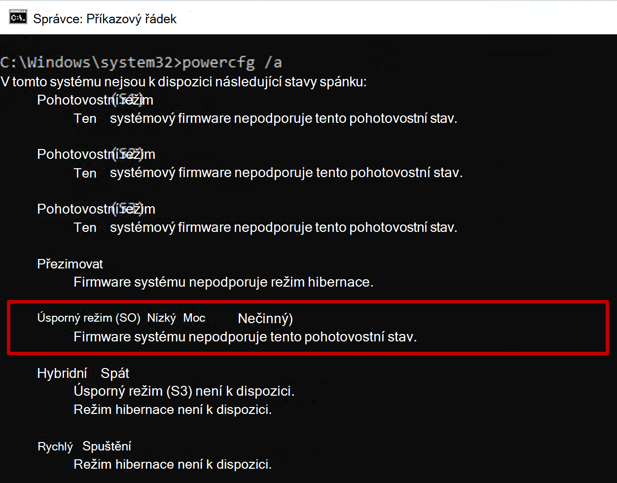 Snímek obrazovky s příkazovým řádkem zobrazující výstup příkazu powercfg s nedostupným stavem pohotovostního režimu S0