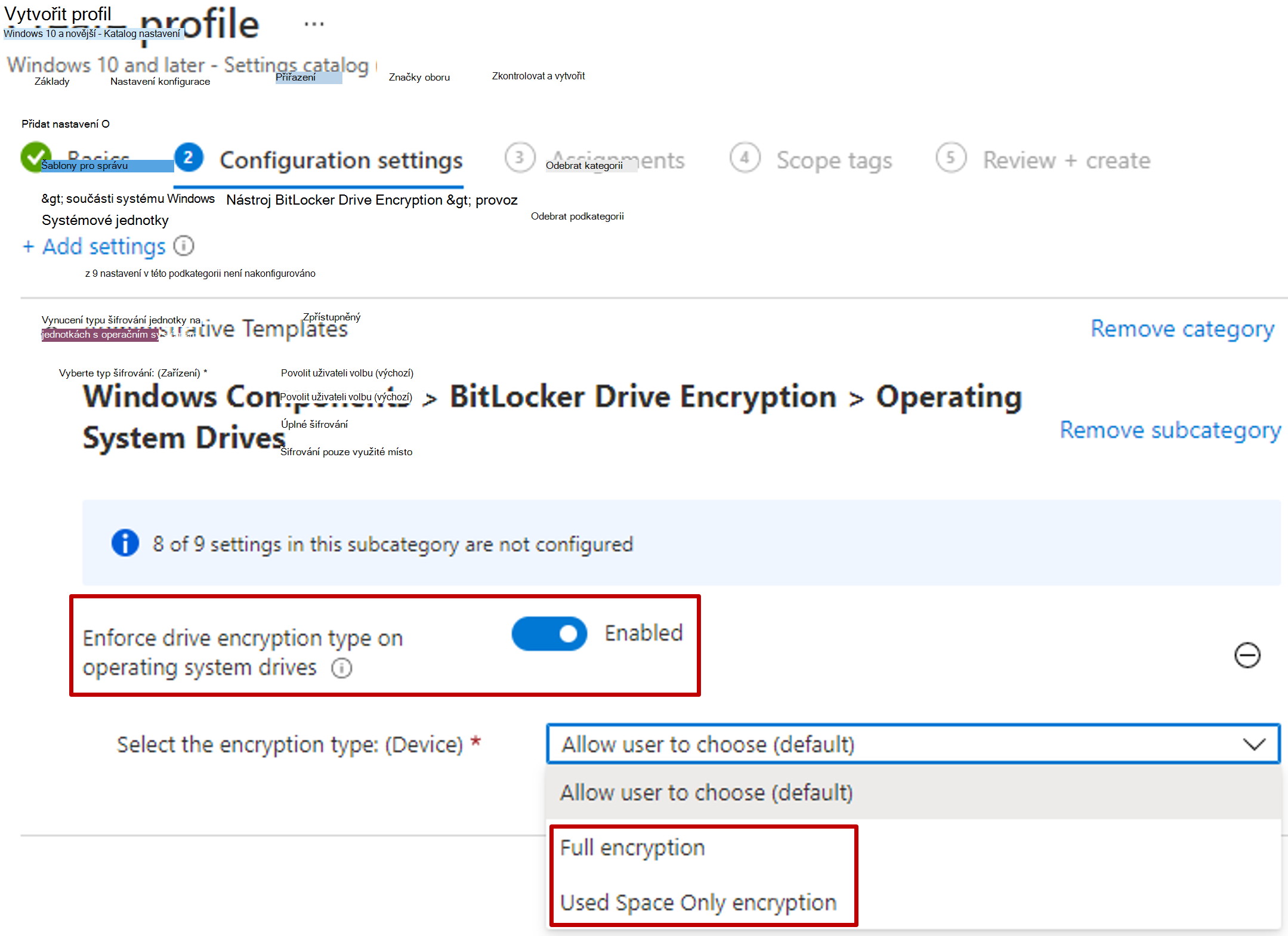 Snímek obrazovky katalogu nastavení Intune zobrazující vynucení typu šifrování jednotky na jednotkách s operačním systémem