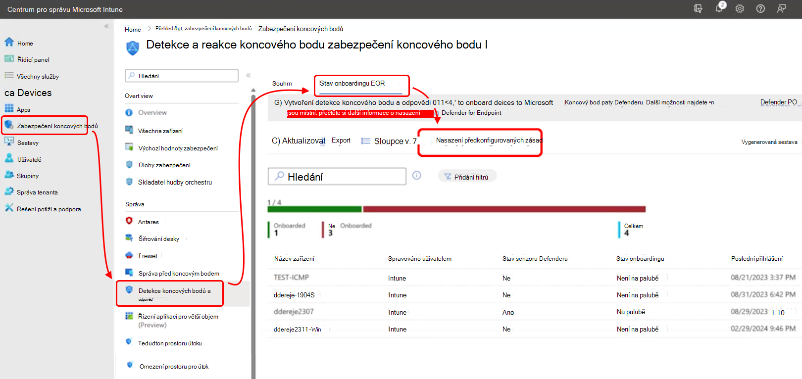 Snímek obrazovky Centra pro správu, který ukazuje, kde najít možnost Nasadit předkonfigurované zásady