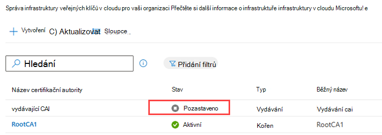 Ukázkový snímek obrazovky se zvýrazněním sloupce Stav v tabulce certifikačních autorit