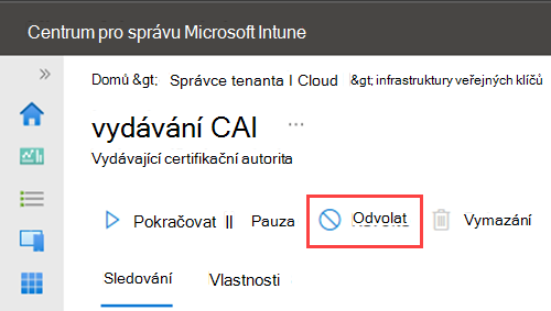 Ukázkový snímek obrazovky se zvýrazněnou akcí Odvolat pro certifikační autoritu