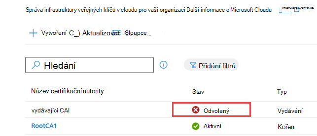 Ukázkový snímek obrazovky se seznamem certifikačních autorit se zvýrazněným stavem odvolání