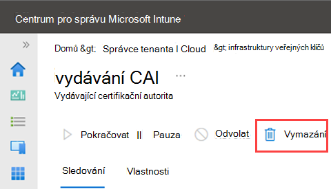 Ukázkový snímek obrazovky se zvýrazněnou akcí odstranění vydávající certifikační autority