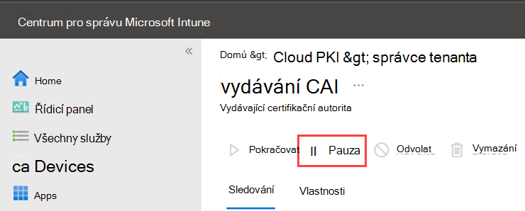 Ukázkový snímek obrazovky se zvýrazněnou akcí Pozastavit pro Cloud PKI