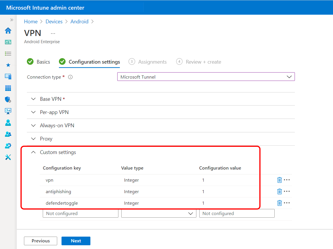 Konfigurace vlastního nastavení v profilu SÍTĚ VPN pro Microsoft Defender for Endpoint