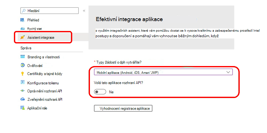 K ověření nastavení použijte asistent integrace registrace aplikace.