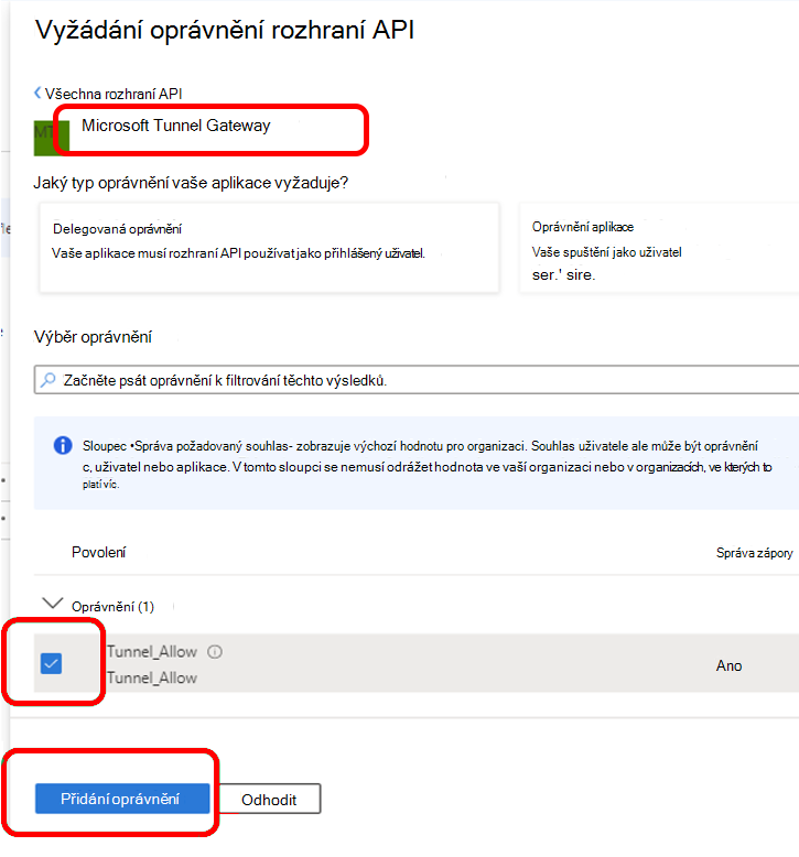 Konfigurace oprávnění rozhraní API pro službu Microsoft Tunnel Gateway