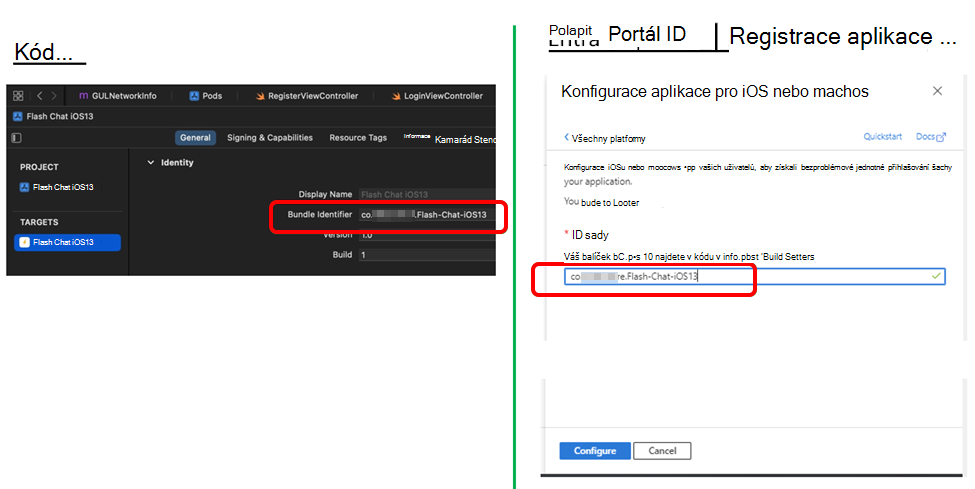 Porovnejte nastavení ověřování s ID sady v Xcode.