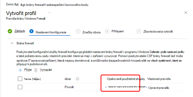 Snímek obrazovky s pracovním postupem nastavení konfigurace pro konfiguraci opakovaně použitelné skupiny