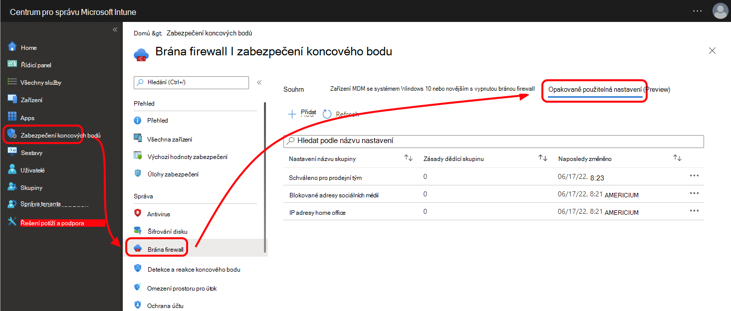 Snímek obrazovky znázorňující kartu Opakovaně použitelné nastavení pro zásady brány firewall v Centru pro správu Microsoft Intune