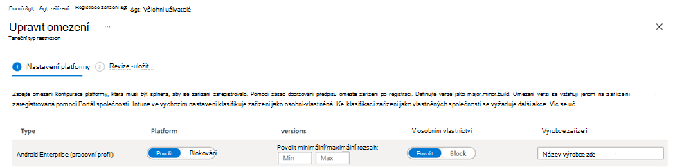 Snímek obrazovky znázorňující zásady omezení registrace pro zařízení s Androidem v Centru pro správu Microsoft Intune