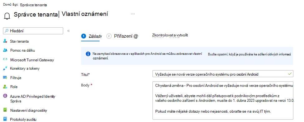 Snímek obrazovky s vlastní zprávou oznámení v Centru pro správu Microsoft Intune